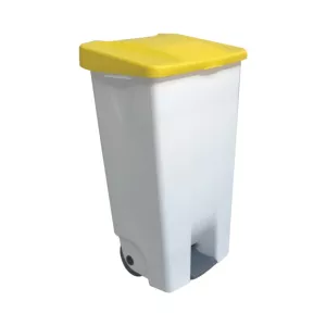 Poubelle a pédale 120L PP blanc couvercle jaune 89x56x48cm